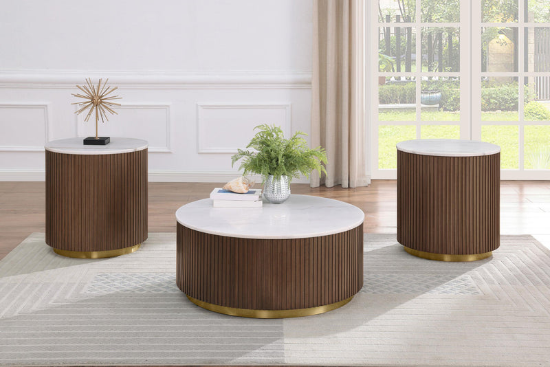 Jason Round White Marble Top Coffee Table Honey Brown - 712418