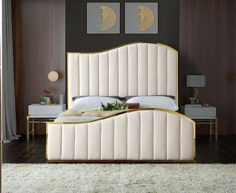 Jolie Velvet Queen Bed (3 Boxes) Cream - Gate FurnitureQueen Bed