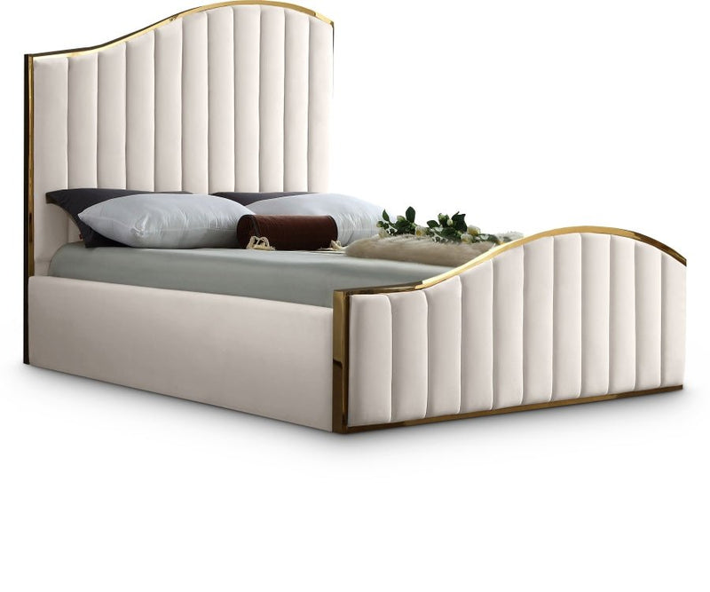 Jolie Velvet Queen Bed (3 Boxes) Cream - Gate FurnitureQueen Bed