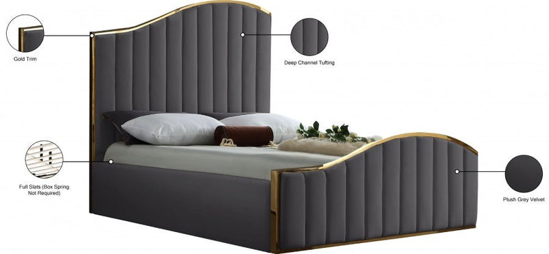 Jolie Velvet Queen Bed (3 Boxes) in Grey - Gate FurnitureQueen Bed