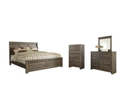 Juararo California King Panel Bed with Mirrored Dresser and Chest in Dark Brown - PKG004056