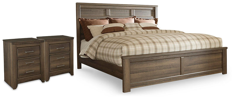 Juararo Dark Brown King Panel Bed and 2 Nightstands - B251B45