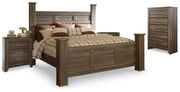Juararo Dark Brown King Poster Bed, Chest and 2 Nightstands - B251B33
