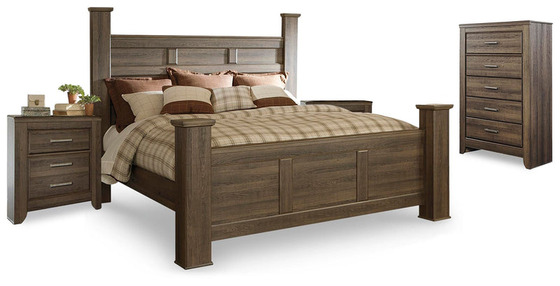 Juararo Dark Brown King Poster Bed, Chest and 2 Nightstands - B251B33