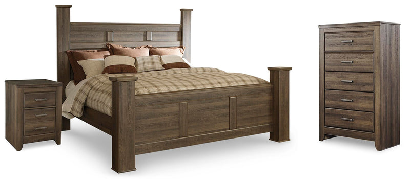 Juararo Dark Brown King Poster Bed, Chest and Nightstand - B251B34