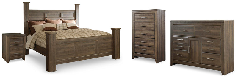 Juararo Dark Brown King Poster Bed, Dresser, Chest and Nightstand - B251B35
