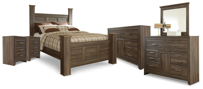 Juararo Dark Brown Queen Poster Bed, 2 Dressers, Mirror and 2 Nightstands - B251B41