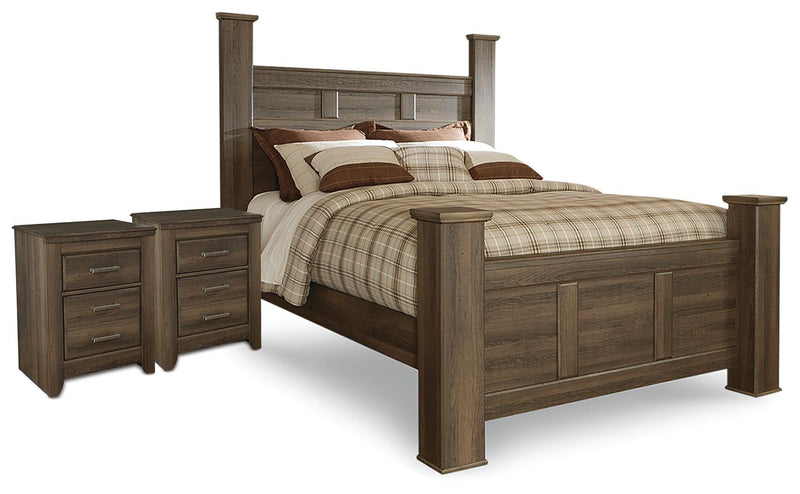 Juararo Dark Brown Queen Poster Bed and 2 Nightstands - B251B38
