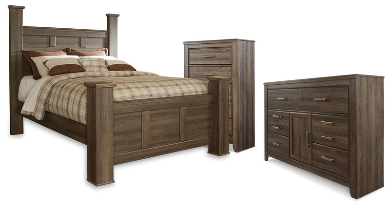Juararo Dark Brown Queen Poster Bed, Dresser and Chest - B251B44
