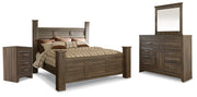 Juararo King Poster Bed with Mirrored Dresser and Nightstand in Dark Brown - PKG014151