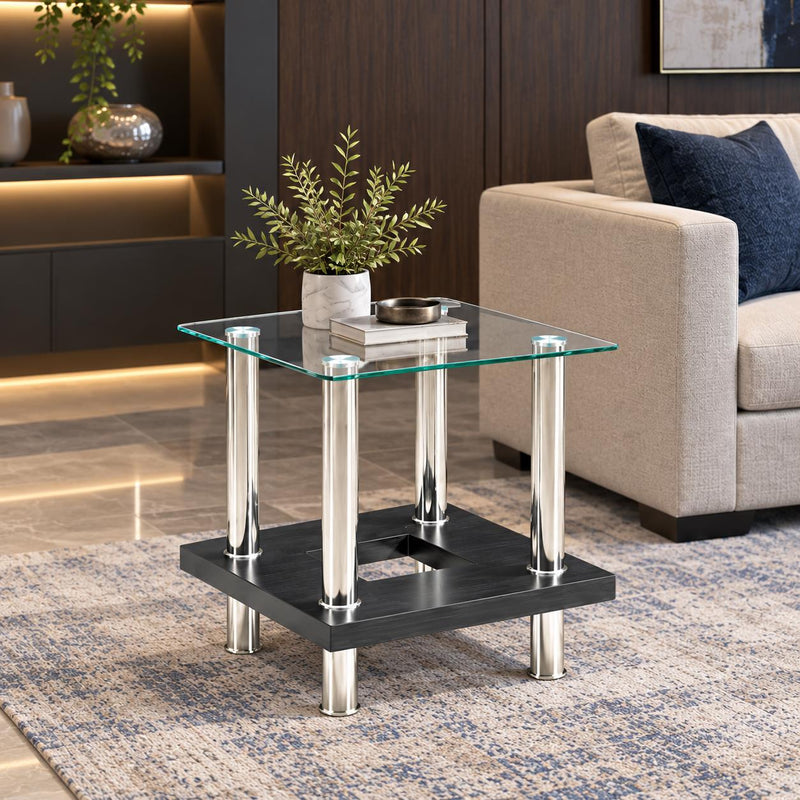 Jubilee - Black End Table with Glass Top, Storage Shelf and Chrome Legs - T522-E Table