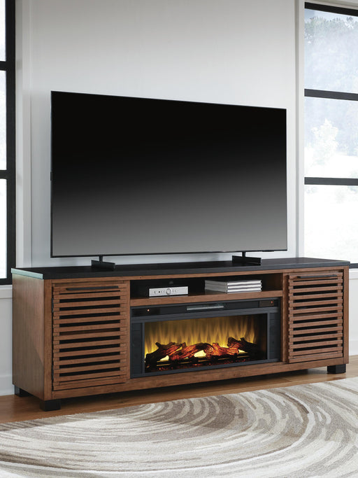 Kallari Warm Brown/Black 84" TV Stand with Electric Fireplace - W737W1