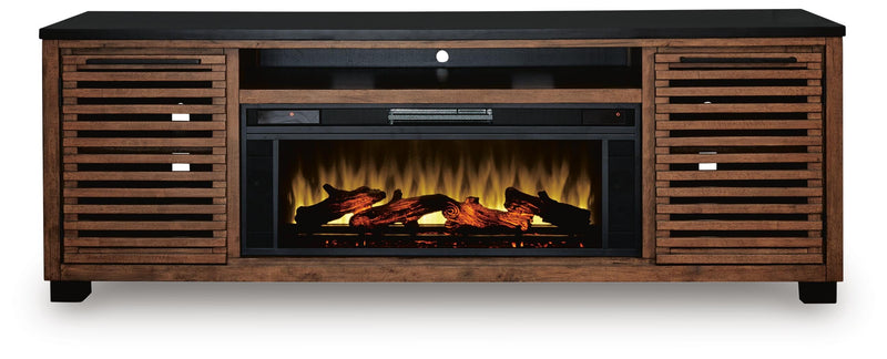 Kallari Warm Brown/Black 84" TV Stand with Electric Fireplace - W737W1