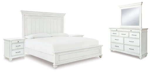 Kanwyn King Panel Bed with Mirrored Dresser and 2 Nightstands in Whitewash - PKG007948