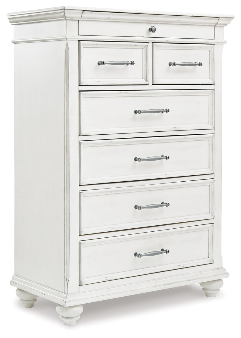 Kanwyn Queen Panel Bed with Mirrored Dresser and Chest in Whitewash - PKG007934