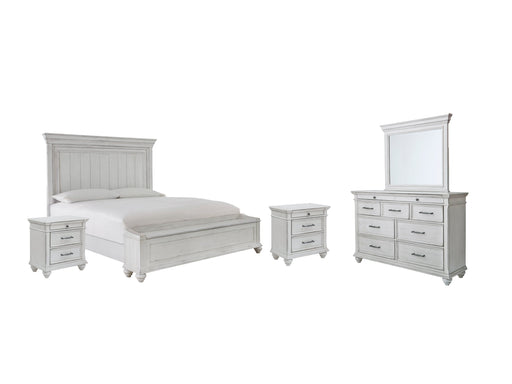 Kanwyn Queen Panel Bed with Storage with Mirrored Dresser and 2 Nightstands in Whitewash - PKG007942