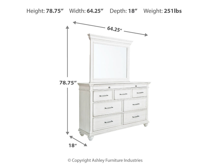 Kanwyn Queen Panel Bed with Storage with Mirrored Dresser in Whitewash from Ashley - Luna Furniture