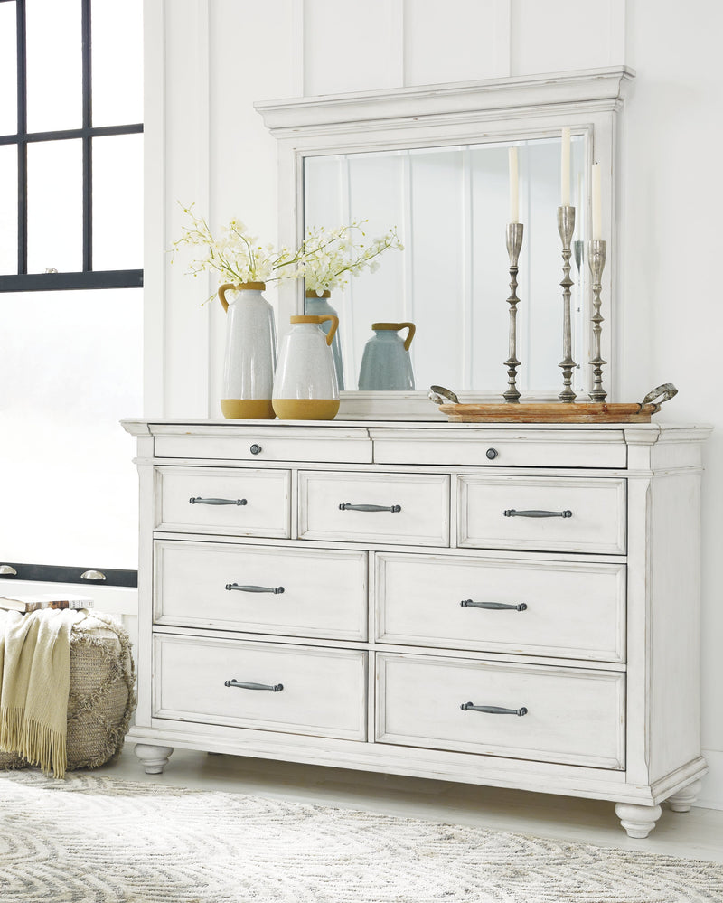 Kanwyn Queen Panel Bed with Storage with Mirrored Dresser in Whitewash from Ashley - Luna Furniture