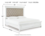Kanwyn Whitewash Cal King Upholstered Panel Bed, Dresser, Mirror and Chest - B777B23