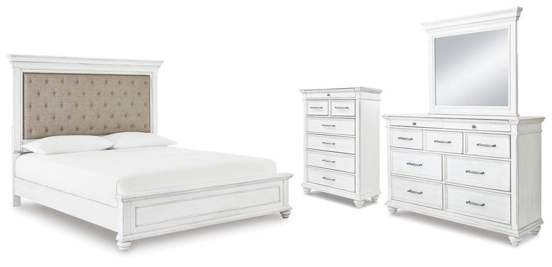 Kanwyn Whitewash Cal King Upholstered Panel Bed, Dresser, Mirror and Chest - B777B23