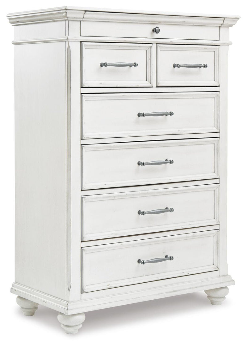 Kanwyn Whitewash Cal King Upholstered Panel Bed, Dresser, Mirror and Chest - B777B23