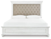 Kanwyn Whitewash King Upholstered Panel Bed, Dresser, Mirror and Chest - B777B18