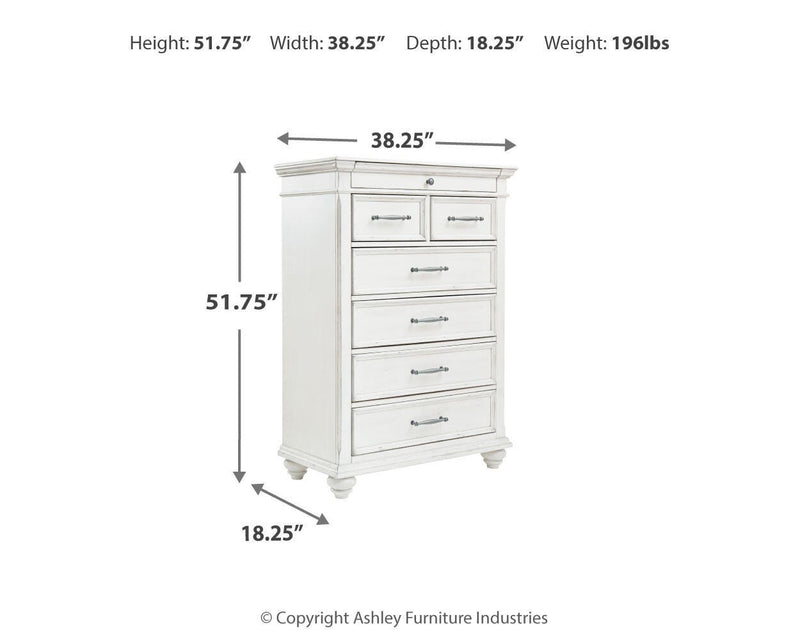 Kanwyn Whitewash King Upholstered Panel Bed, Dresser, Mirror and Chest - B777B18