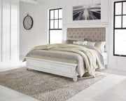 Kanwyn Whitewash King Upholstered Panel Bed, Dresser, Mirror and Chest - B777B18