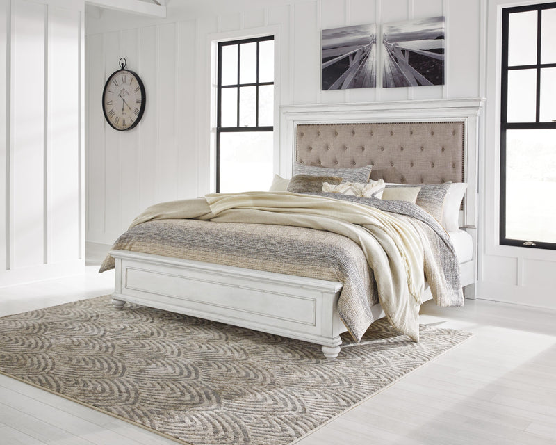 Kanwyn Whitewash King Upholstered Panel Bed, Dresser, Mirror and Chest - B777B18
