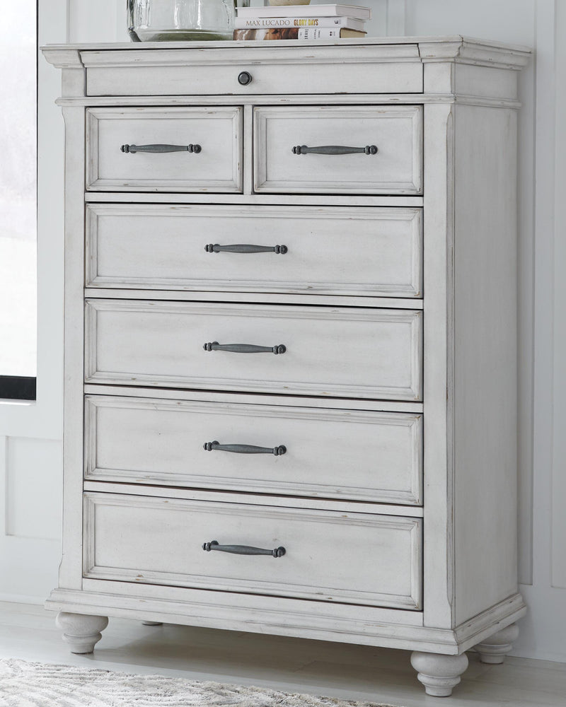 Kanwyn Whitewash King Upholstered Panel Bed, Dresser, Mirror and Chest - B777B18