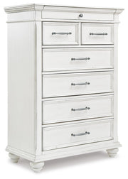 Kanwyn Whitewash King Upholstered Panel Bed, Dresser, Mirror and Chest - B777B18
