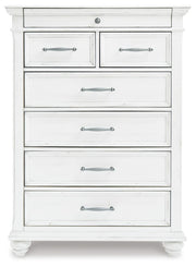 Kanwyn Whitewash King Upholstered Panel Bed, Dresser, Mirror and Chest - B777B18