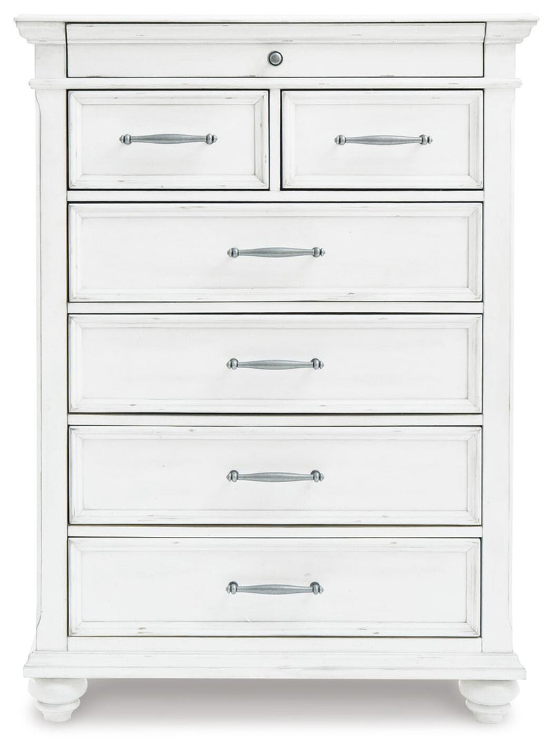 Kanwyn Whitewash King Upholstered Panel Bed, Dresser, Mirror and Chest - B777B18