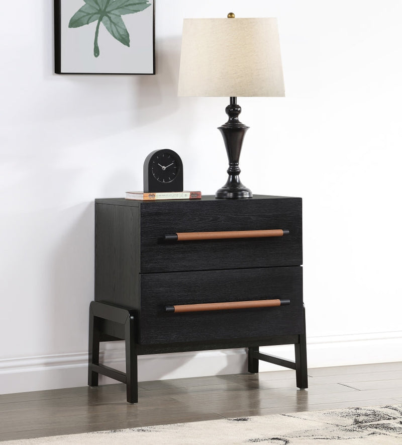 Kaya Oak Veneer And Vegan Leather Handle Night Stand in Black - 360Black-NS