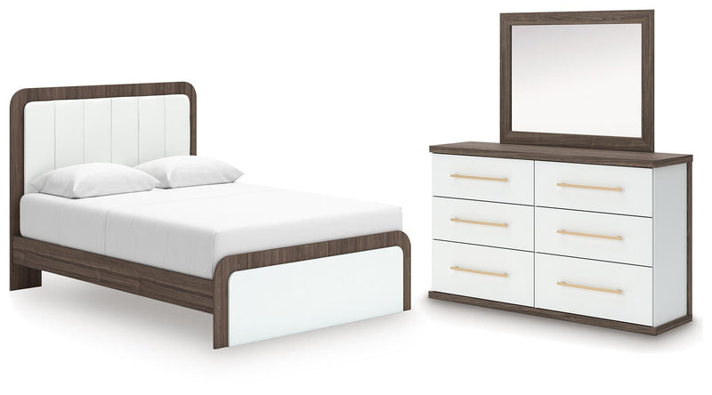 Kendanport Queen Upholstered Platform Bed, Dresser and Mirror - PCB1108B3