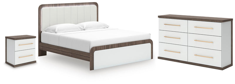 Kendanport White/Brown King Upholstered Bed, Dresser and Nightstand - PCB1108B11
