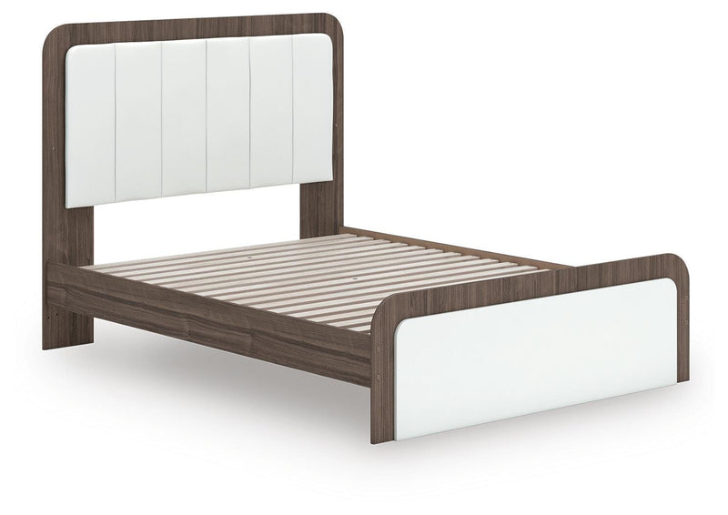 Kendanport White/Brown Queen Upholstered Bed, Dresser and Nightstand - PCB1108B9