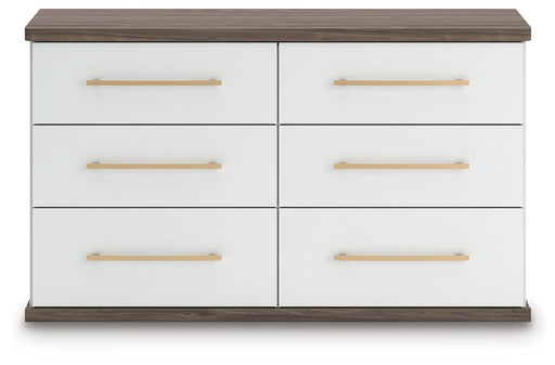 Kendanport White/Brown Queen Upholstered Bed, Dresser and Nightstand - PCB1108B9