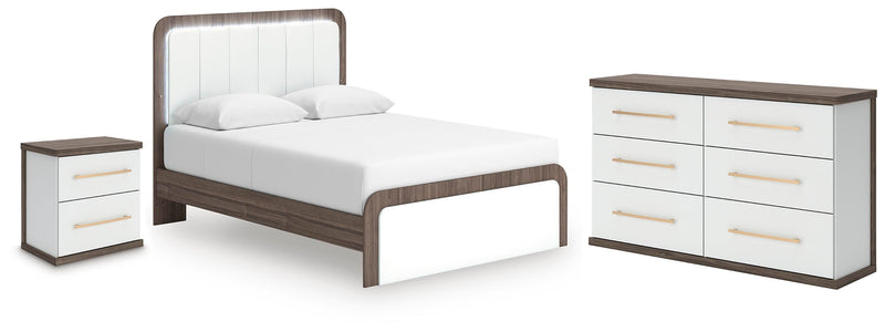 Kendanport White/Brown Queen Upholstered Bed, Dresser and Nightstand - PCB1108B9