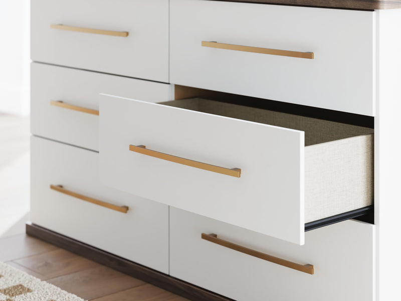 Kendanport White/Brown Queen Upholstered Bed, Dresser and Nightstand - PCB1108B9