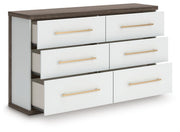 Kendanport White/Brown Queen Upholstered Bed, Dresser and Nightstand - PCB1108B9