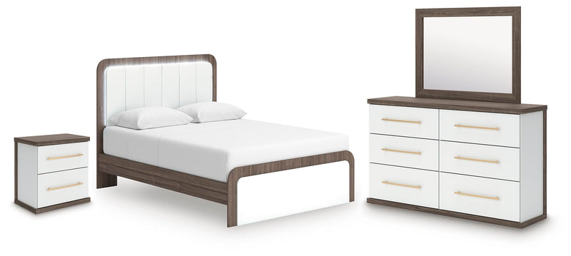 Kendanport White/Brown Queen Upholstered Bed, Dresser, Mirror and Nightstand - PCB1108B10