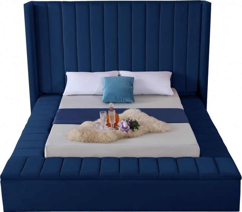 Kiki Velvet King Bed (3 Boxes) Blue - Gate FurnitureKing Bed