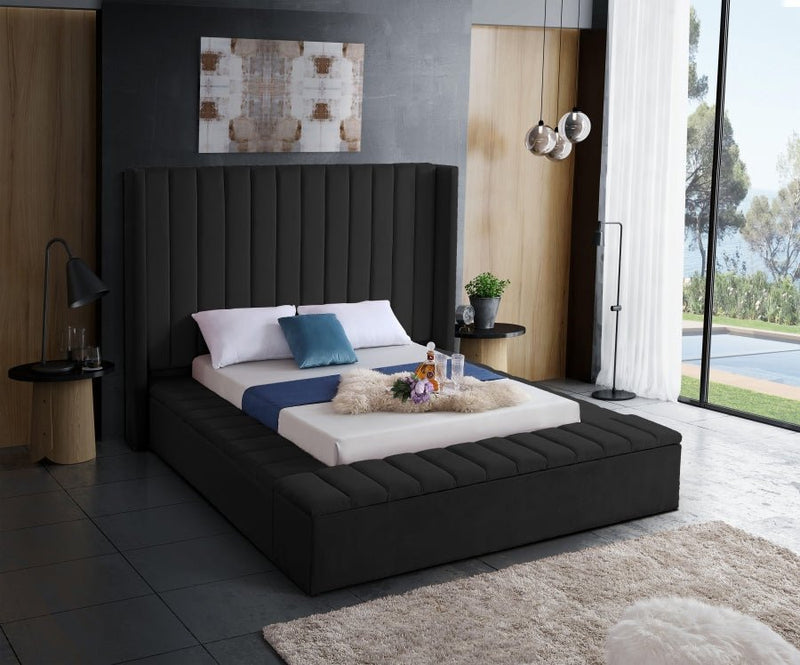 Kiki Velvet Queen Bed (3 Boxes) Black - Gate FurnitureQueen Bed