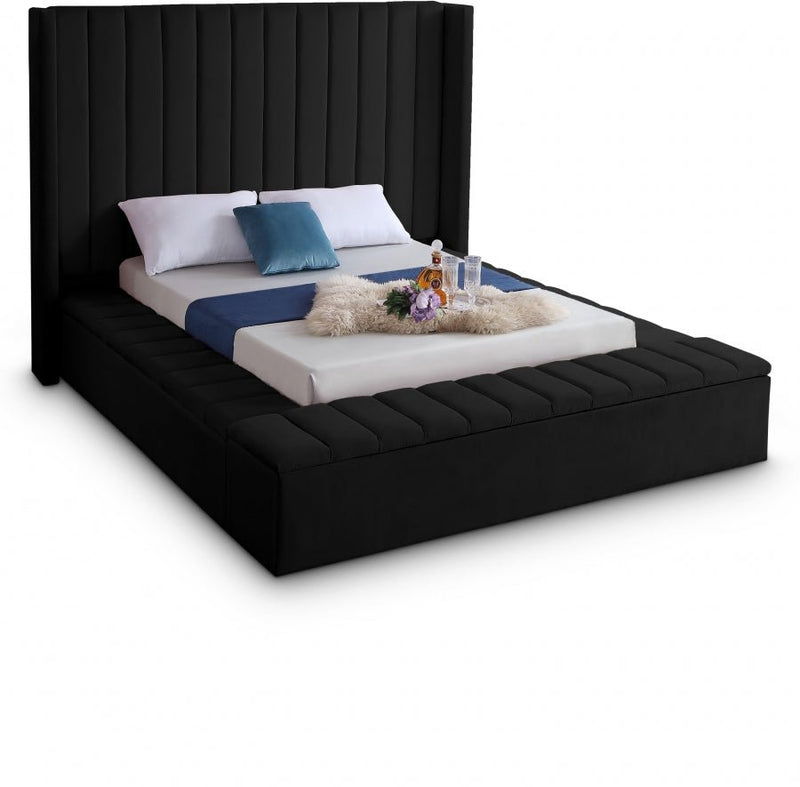 Kiki Velvet Queen Bed (3 Boxes) Black - Gate FurnitureQueen Bed