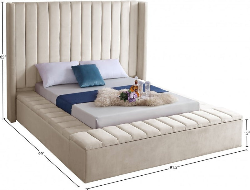 Kiki Velvet Queen Bed (3 Boxes) Cream - Gate FurnitureQueen Bed