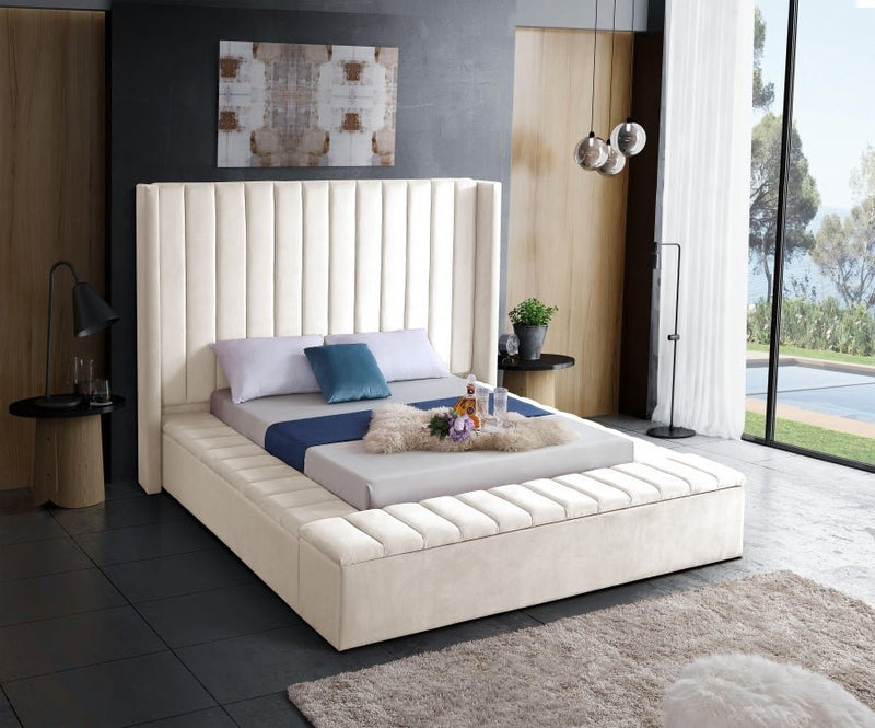 Kiki Velvet Queen Bed (3 Boxes) Cream - Gate FurnitureQueen Bed