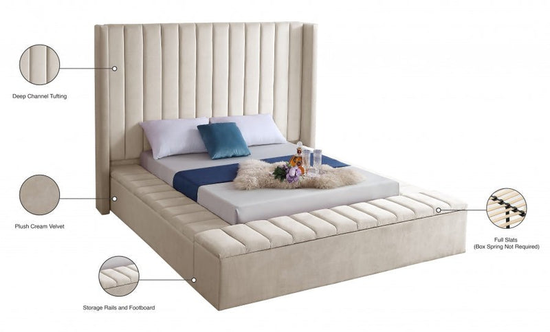 Kiki Velvet Queen Bed (3 Boxes) Cream - Gate FurnitureQueen Bed