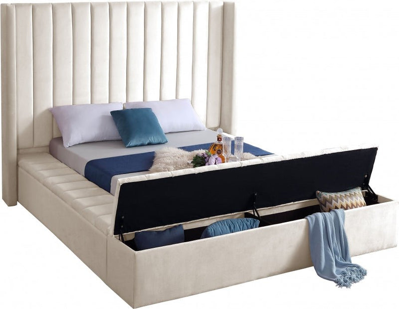 Kiki Velvet Queen Bed (3 Boxes) Cream - Gate FurnitureQueen Bed