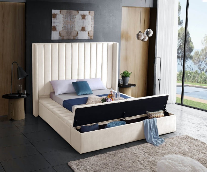 Kiki Velvet Queen Bed (3 Boxes) Cream - Gate FurnitureQueen Bed